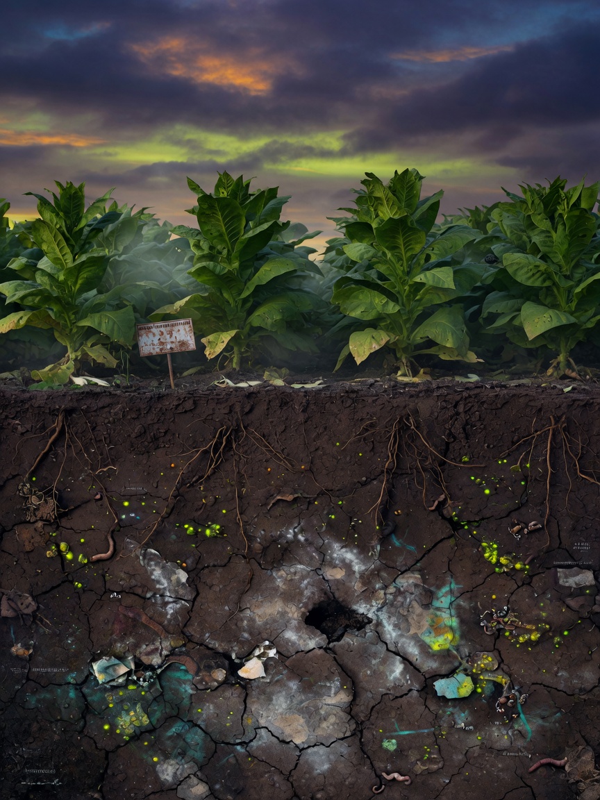 Illustration of a tobacco-planting slope soil profile: continuous cropping and acidification overlap, as the nutrient pool, acidity, and available heavy-metal forms change simultaneously in the same field.