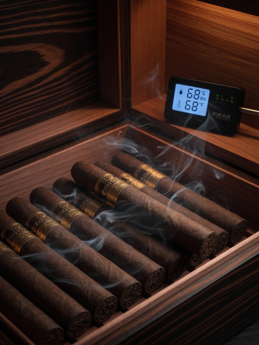 Inside a cigar aging cabinet: gentle laminar flow brushes over every cigar like a tender hand