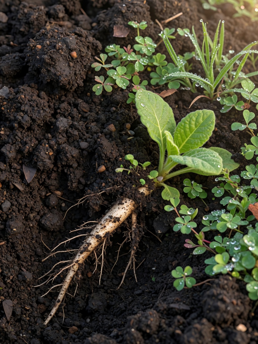 Field view of cover crops: a mix of ryegrass and common vetch rebuilding organic matter and aggregate structure for tobacco-field soil.