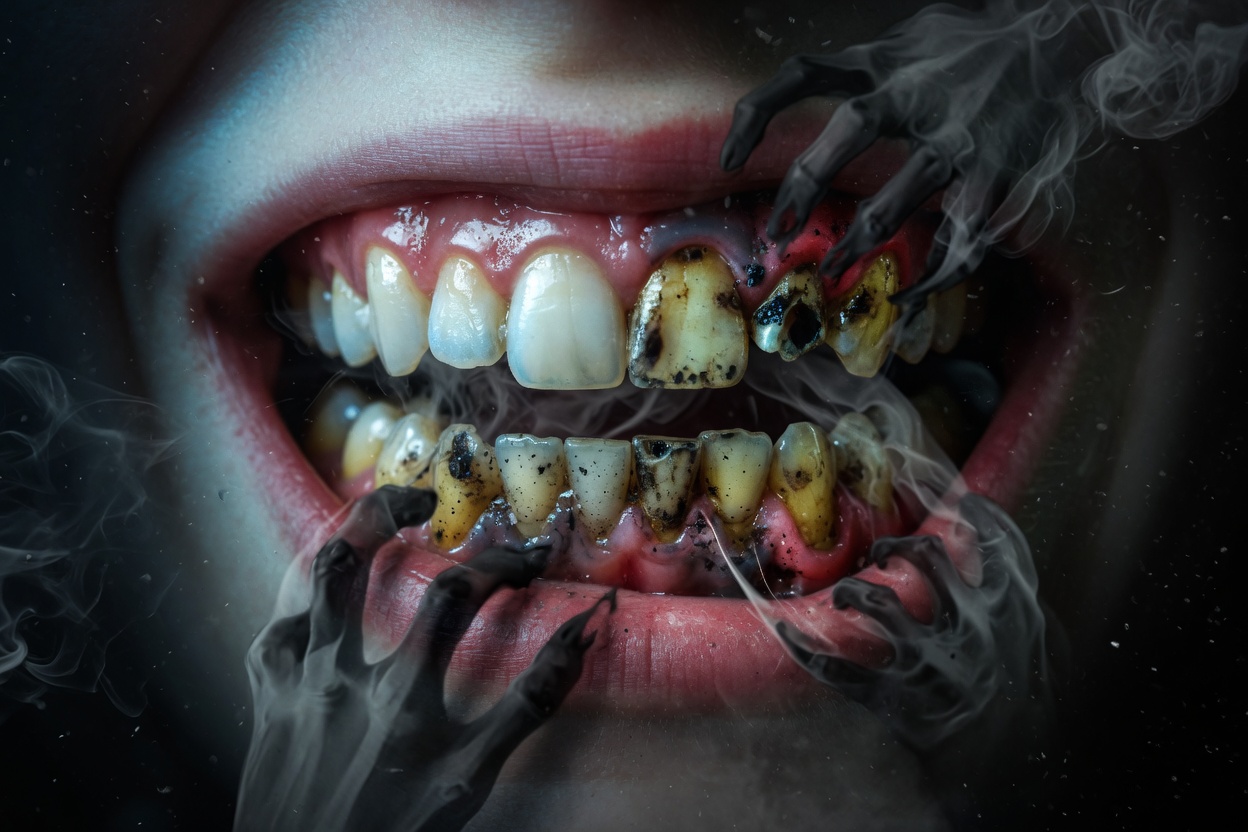 Microscopic view of abnormal gingival morphology in long-term smokers — tortuous, narrowed capillaries with chronic tissue hypoxia