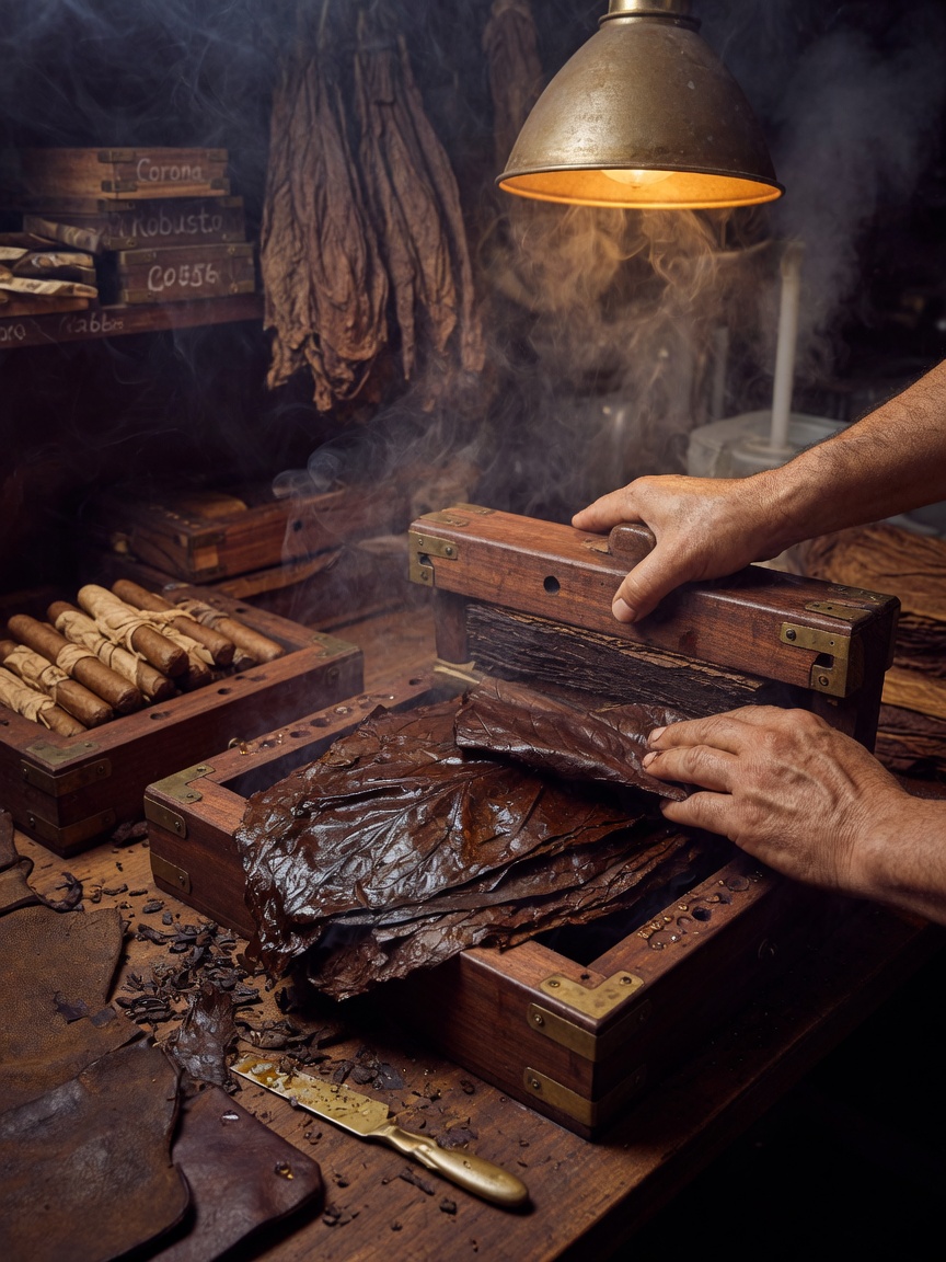 Cigars resting in molds: pressure, time, and humidity together shape a firm, uniform form.