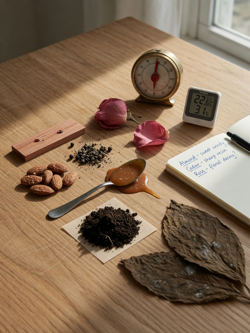 Six reference objects: lightly roasted almonds, a cedar strip, freshly ground black pepper, dried rose, light cream, and slightly damp potting soil — the starting point of the L2 dictionary